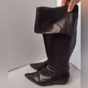 Joy & Peace Black Leather Knee Italy 36 Equestrian Flat Point Toe Fold Over W